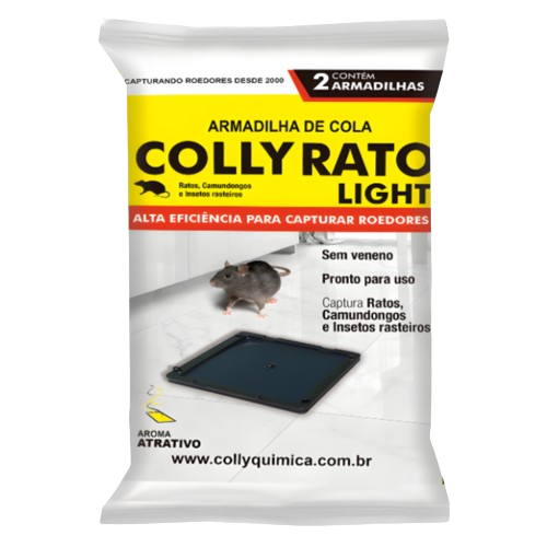 Colly Rato Light é uma armadilha adesiva para captura de roedores, insetos rasteiros e aracnídeos sem veneno. A ação de controle é física, a praga é capturada quando entra em contato com a armadilha que é super adesiva.