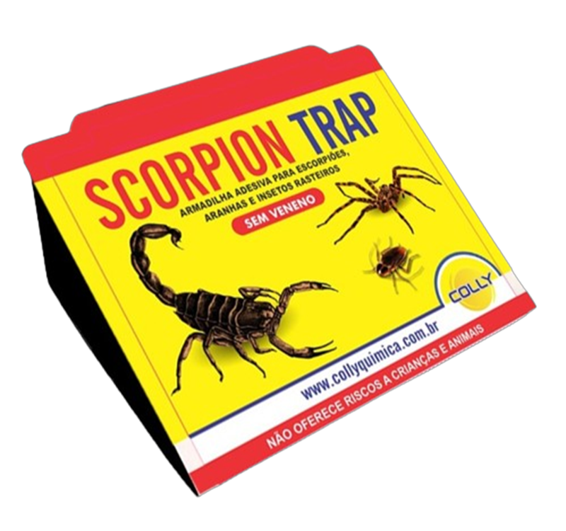 A armadilha adesiva Scorpion Trap, sem veneno, é utilizada para monitoramento e controle de aracnídeos, insetos rasteiros e pequenos invasores. A praga é capturada quando entra em contato com a superfície do adesivo.