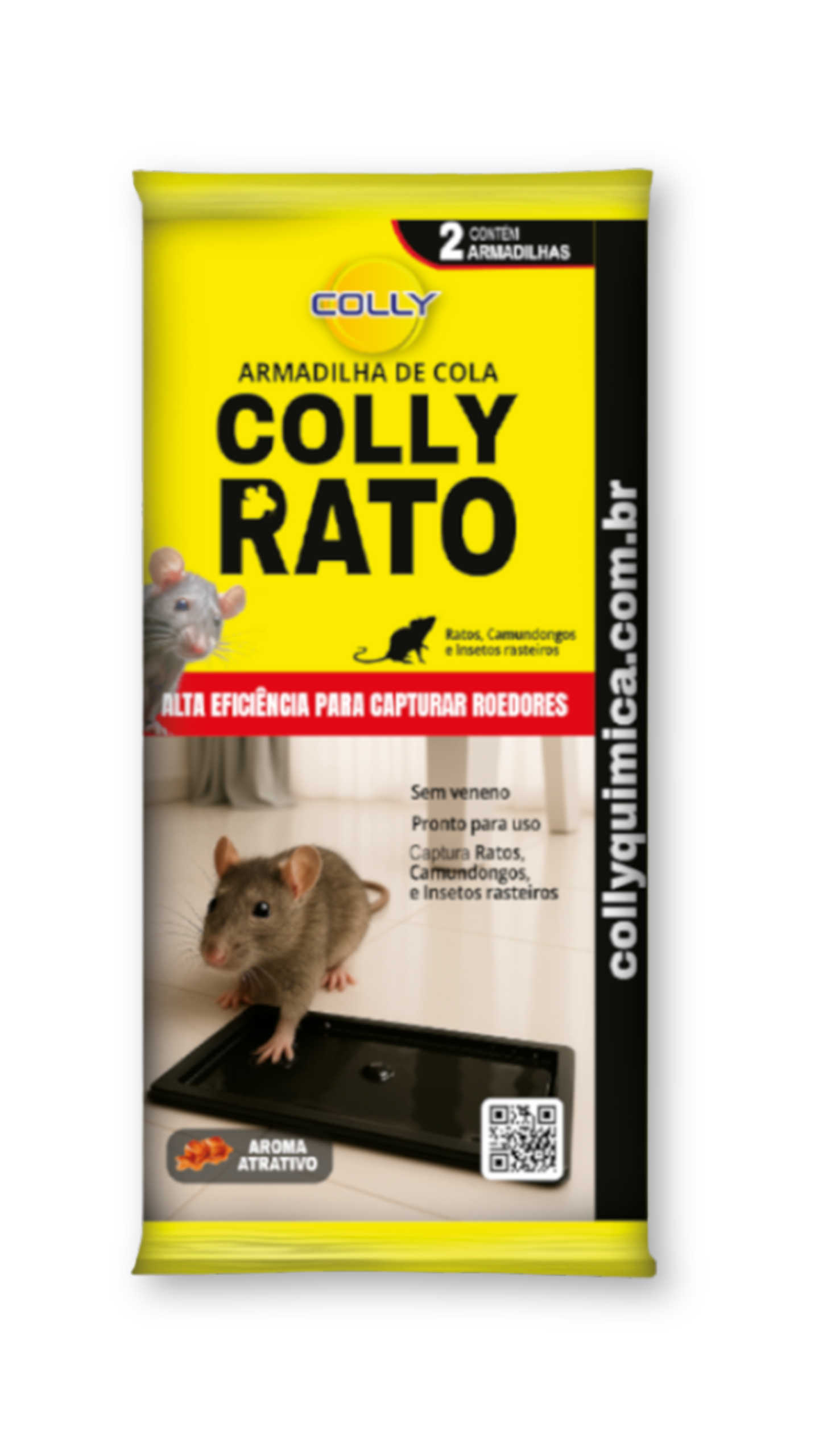 Colly Rato é uma armadilha adesiva sem veneno para ser utilizada no monitoramento e controle de roedores, insetos rasteiros e pequenos invasores. Indicada para ser usada nos locais onde é proibido ou desaconselhável o uso de venenos. Sua fórmula é super adesiva e com aroma atrativo.
