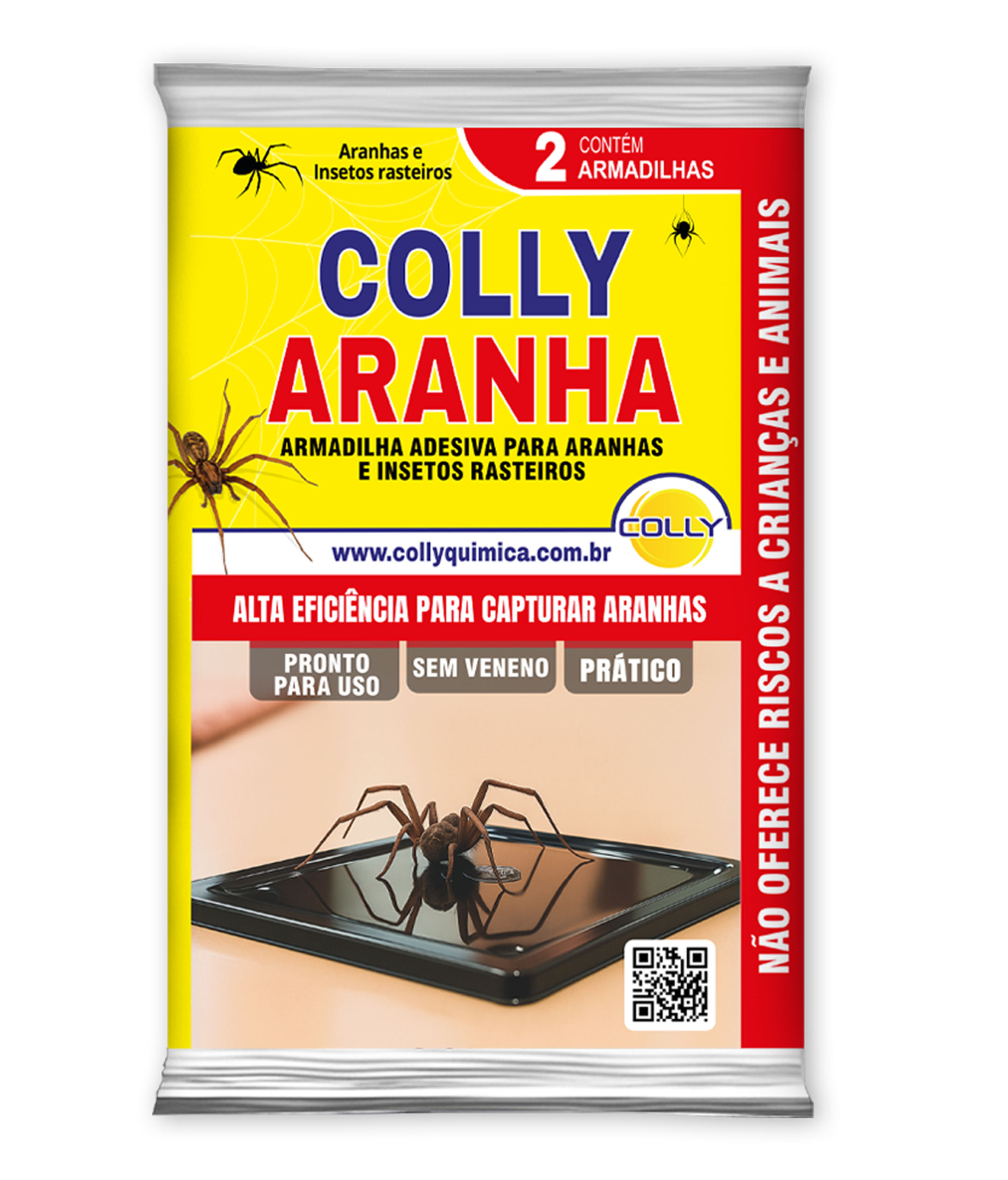 Armadilha Colly Aranha A armadilha adesiva Scorpion Trap, sem veneno, é utilizada para monitoramento e controle de aracnídeos, insetos rasteiros e pequenos invasores. A praga é capturada quando entra em contato com a superfície do adesivo.